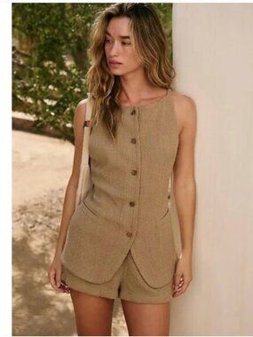 Free People Free-est Coastal Classy Button Down Vest Top in Treehouse Tan Small